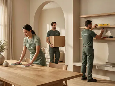 Two TripleFix movers carrying boxes to a modern Austin home